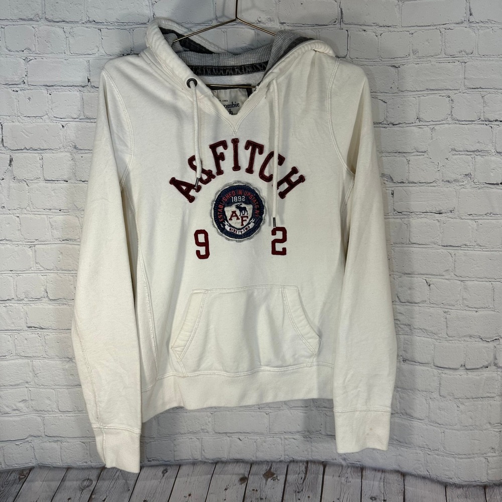 Abercrombie & Fitch Womens Cream White Logo Pullover Hoodie Size L Burgundy Blue